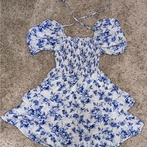 SHEIN White and Blue Floral Puff Sleeve Dress